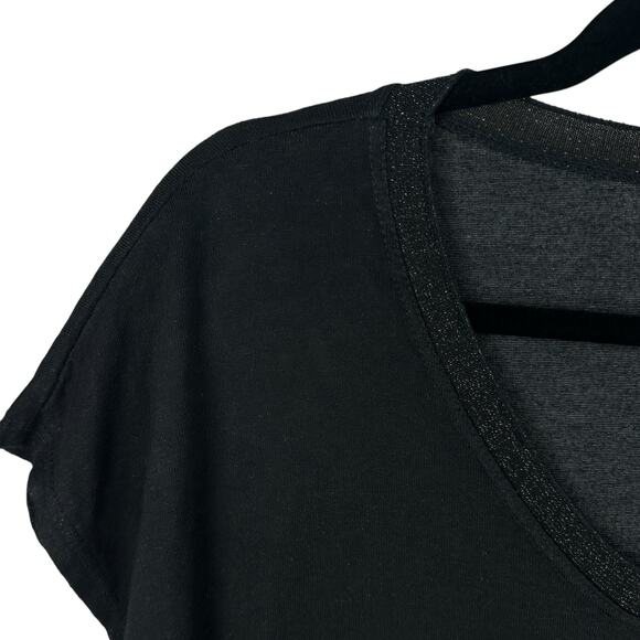Made in Italy Tshirt Top Womens XL Black Vneck Short Cap Sleeve Sparkle Trim - Picture 2 of 7